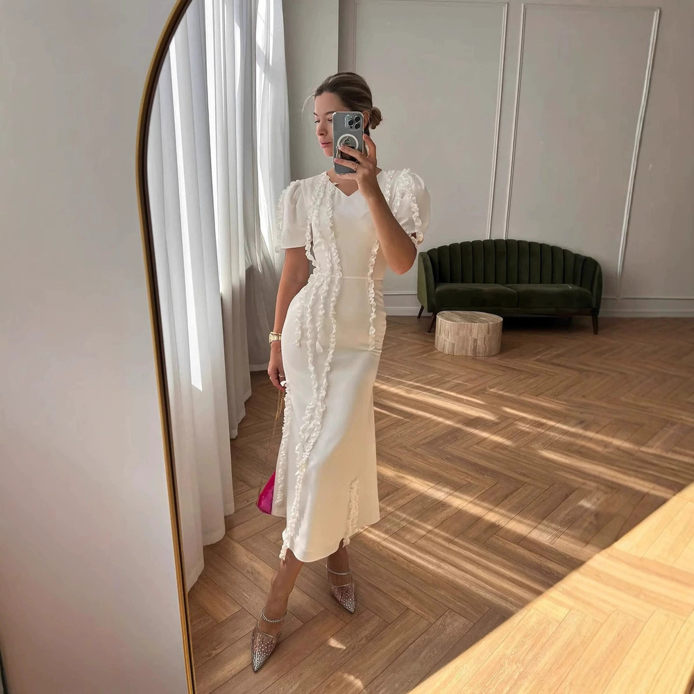 ZARA Sexy Elegant Puff Sleeve Ruffle Trim Long Evening Party Dress